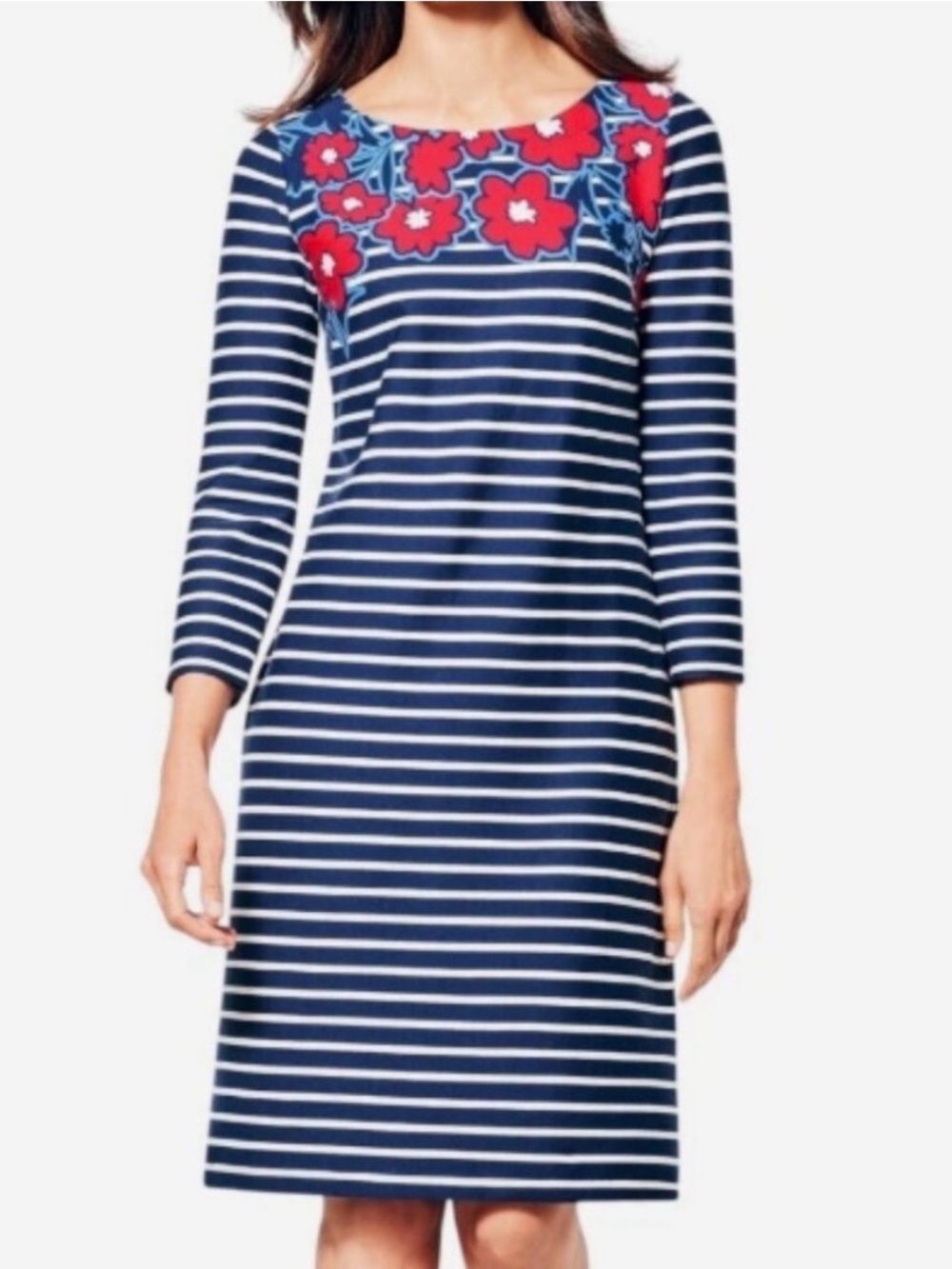 Talbots Navy & White Striped Long-Sleeve Shift Dress with Red Floral Neckline